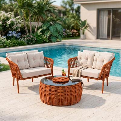 Conjunto 2 Poltronas E Mesa De Centro Cervejeira Aço E Corda Náutica Terracota Harpia Tecido Bege