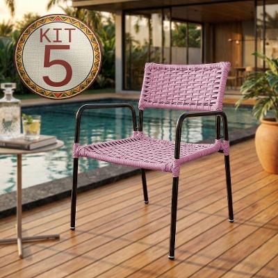 Kit 5 Poltronas Porã Junco Sintético Aço Preto Com Braços Para área Externa Varanda Gourmet - Rosa