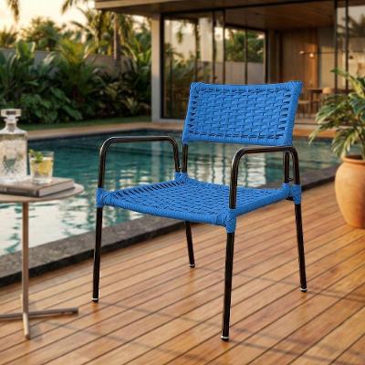 Poltrona Porã Em Junco Sintético Aço Preto Com Braços Para Jardim Varanda Lazer Ao Ar Livre - Azul