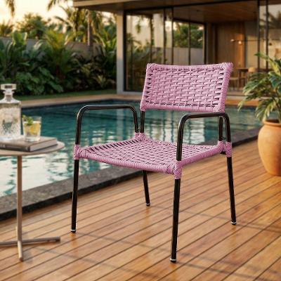 Poltrona Porã Em Junco Sintético Aço Preto Com Braços Para Jardim Varanda Lazer Ao Ar Livre - Rosa