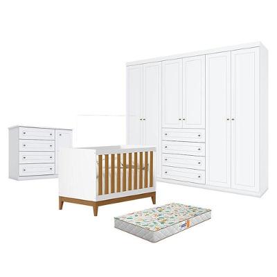 Quarto De Bebê Americano 6 Portas Com Berço Americano Flip Branco Acetinado Savana Reller E Colchão Gazin - Henn