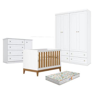 Quarto De Bebê Americano 4 Portas Com Berço Americano Flip Branco Acetinado Savana Reller E Colchão Gazin - Henn