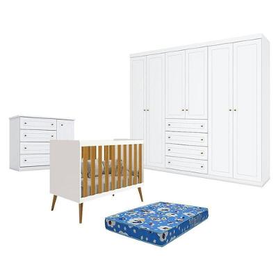 Quarto De Bebê Americano 6 Portas Com Berço Americano Isis Branco Acetinado Savana E Colchão Ortobom - Reller - Henn