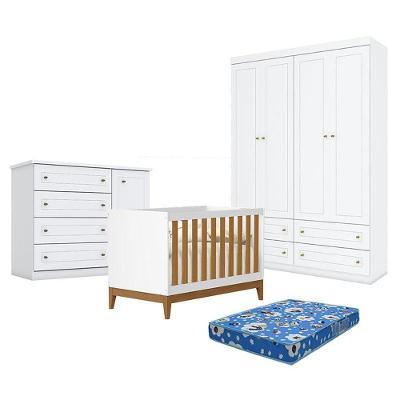 Quarto De Bebê Americano 4 Portas Com Berço Americano Flip Branco Acetinado Savana Reller E Colchão Tendtudo - Henn