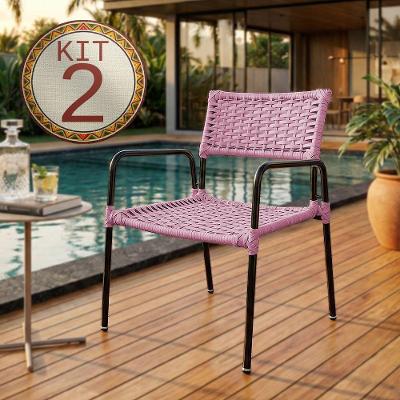 Conjunto 2 Poltronas Porã Em Junco Sintético Aço Preto Com Braços Para Varanda Externa - Rosa
