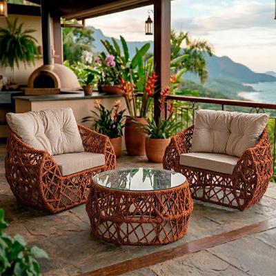 Jogo 2 Poltronas E Mesa De Centro Tampo De Vidro Aço E Corda Náutica Terracota Aruá Assento Bege