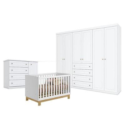 Quarto De Bebê Americano 6 Portas Com Berço Americano Mini Cama Q Encanto Slim Branco Acetinado - Qmovi - Henn