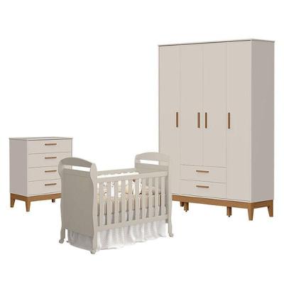 Quarto De Bebê 4 Portas Com Cômoda Gaveteiro Flip E Berço Americano Danny Areia Acetinado - Reller
