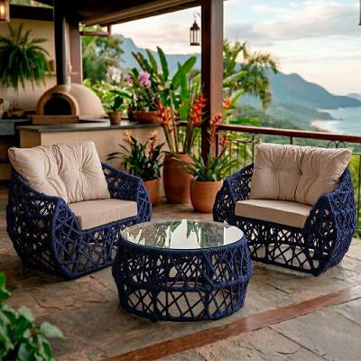 Jogo 2 Poltronas E Mesa De Centro Tampo De Vidro Aço E Corda Náutica Azul Aruá Assento Bege