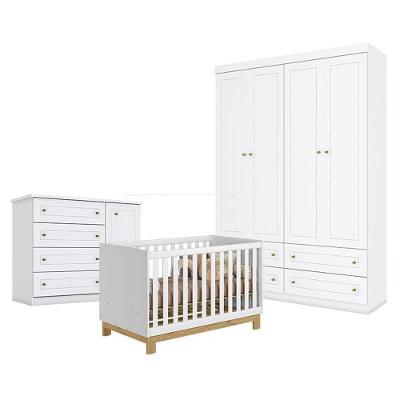 Quarto De Bebê Americano 4 Portas Com Berço Americano Mini Cama Q Encanto Slim Branco Acetinado - Qmovi - Henn