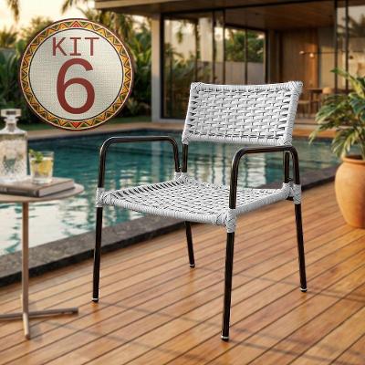 Conjunto 6 Poltronas Porã Em Junco Sintético Aço Preto Com Braços Para Varanda Externa - Branco