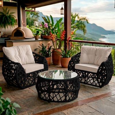 Jogo 2 Poltronas E Mesa De Centro Tampo De Vidro Aço E Corda Náutica Preto Aruá Courino Branco