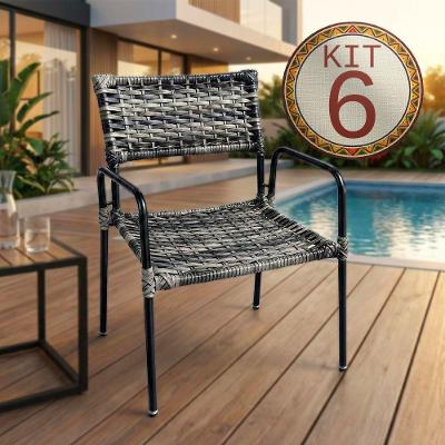 Jogo 6 Poltronas Porã Junco Sintético Estrutura Aço Preto Com Braços Para área Externa - Jatobá