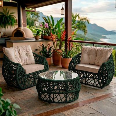 Jogo 2 Poltronas E Mesa De Centro Tampo De Vidro Aço E Corda Náutica Verde Aruá Assento Bege