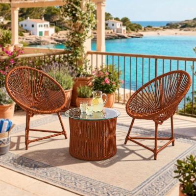 Conjunto 2 Poltronas E Mesa De Centro Com Tampo De Vidro Em Aço E Corda Náutica Terracota Makuni