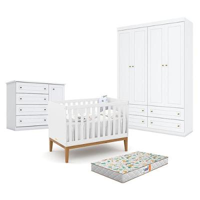 Quarto De Bebê Americano 4 Portas Com Berço Americano Unique Branco Soft Eco Wood - Matic - Henn E Colchão Gazin
