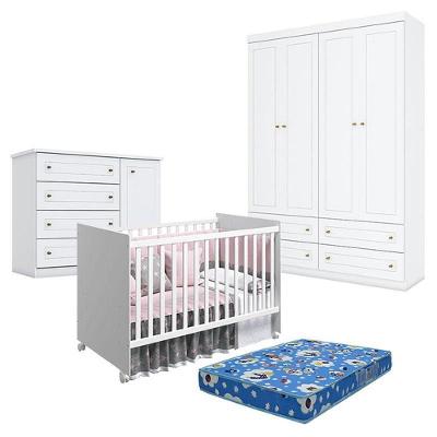 Quarto De Bebê Americano 4 Portas Com Berço Nacional Mel Branco Acetinado - Reller - Henn E Colchão Ortobom.