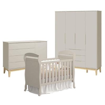 Quarto De Bebê 4 Portas Com Cômoda Com Porta Elfe Classic E Berço Americano Danny Areia Acetinado Natural - Reller