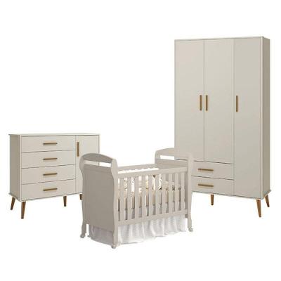 Quarto De Bebê 3 Portas Com Cômoda Com Porta Isis E Berço Americano Danny Areia Acetinado - Reller