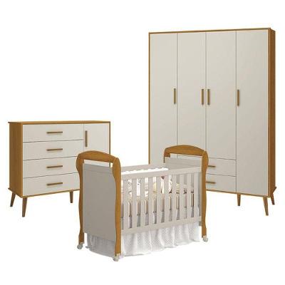 Quarto De Bebê 4 Portas Com Cômoda Com Porta Isis E Berço Americano Danny Areia Savana Acetinado - Reller