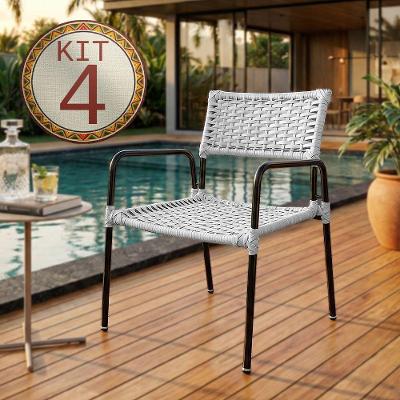 Conjunto 4 Poltronas Porã Em Junco Sintético Aço Preto Com Braços Para Jardim Externo - Branco