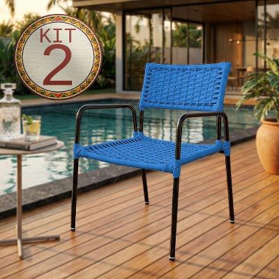 Kit 2 Poltronas Porã Junco Sintético Estrutura Aço Preto Com Braços Para área Externa - Azul