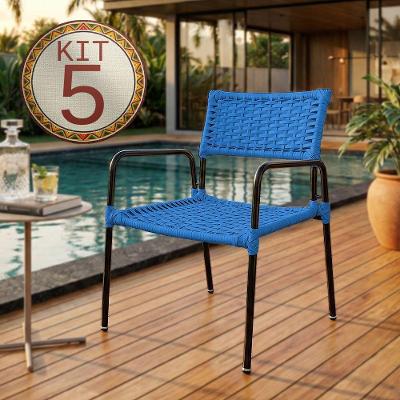 Kit 5 Poltronas Porã Junco Sintético Aço Preto Com Braços Para área Externa Varanda Gourmet - Azul