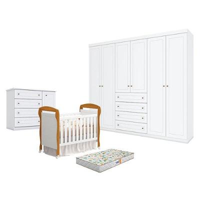 Quarto De Bebê Americano 6 Portas Com Berço Danny Branco Acetinado Savana Reller E Colchão Gazin - Henn.
