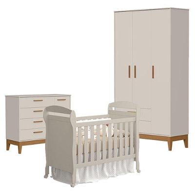 Quarto De Bebê 3 Portas Com Cômoda Com Porta Flip E Berço Americano Danny Areia Acetinado - Reller