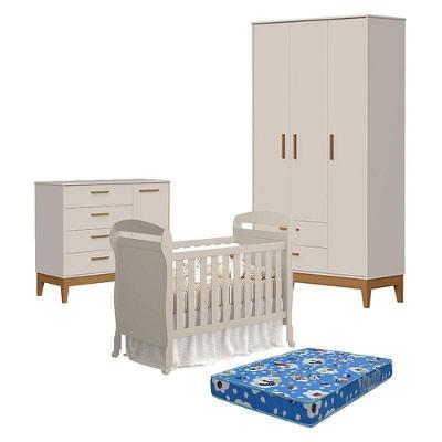 Quarto De Bebê 3 Portas Com Cômoda Com Porta Flip E Berço Americano Danny Areia Acetinado Com Colchão Ortobom - Reller