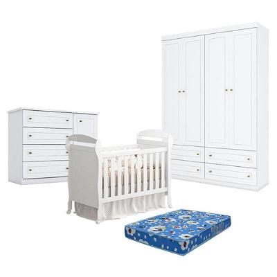 Quarto De Bebê Americano 4 Portas Com Berço Danny Branco Acetinado Reller E Colchão Ortobom - Henn.
