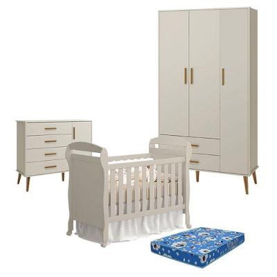 Quarto De Bebê 3 Portas Com Cômoda Com Porta Isis E Berço Americano Danny Areia Acetinado Com Colchão Ortobom - Reller