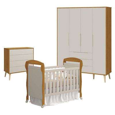 Quarto De Bebê 4 Portas Com Cômoda Gaveteiro Elfe Retrô E Berço Americano Danny Areia Savana Acetinado Natural - Reller