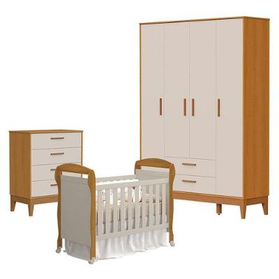 Quarto De Bebê 4 Portas Com Cômoda Gaveteiro Flip E Berço Americano Danny Areia Savana Acetinado - Reller