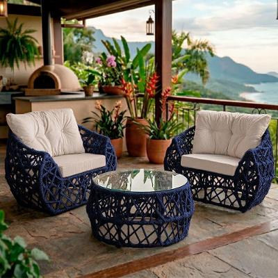 Jogo 2 Poltronas E Mesa De Centro Tampo De Vidro Aço E Corda Náutica Azul Aruá Courino Branco