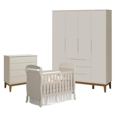 Quarto De Bebê 4 Portas Com Cômoda Gaveteiro Elfe Classic E Berço Americano Danny Areia Acetinado Amadeirado - Reller