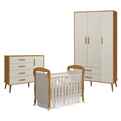Quarto De Bebê 3 Portas Com Cômoda Com Porta Isis E Berço Americano Danny Areia Savana Acetinado - Reller