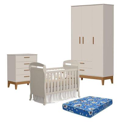 Quarto De Bebê 3 Portas Com Cômoda Gaveteiro Flip E Berço Americano Danny Areia Acetinado Com Colchão Ortobom - Reller