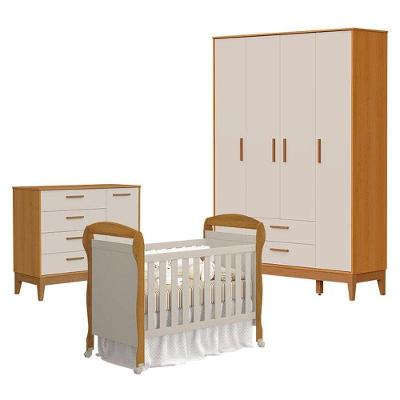 Quarto De Bebê 4 Portas Com Cômoda Com Porta Flip E Berço Americano Danny Areia Savana Acetinado - Reller