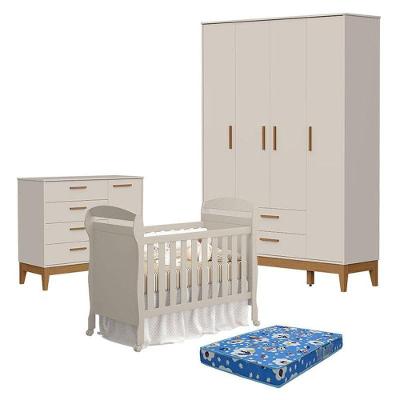 Quarto De Bebê 4 Portas Com Cômoda Com Porta Flip E Berço Americano Danny Areia Acetinado Com Colchão Ortobom - Reller