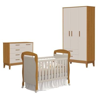Quarto De Bebê 3 Portas Com Cômoda Com Porta Flip E Berço Americano Danny Areia Savana Acetinado - Reller