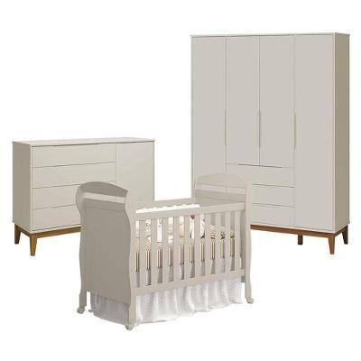 Quarto De Bebê 4 Portas Com Cômoda Com Porta Elfe Classic E Berço Americano Danny Areia Acetinado Amadeirado - Reller