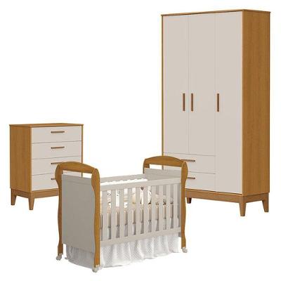 Quarto De Bebê 3 Portas Com Cômoda Gaveteiro Flip E Berço Americano Danny Areia Savana Acetinado - Reller