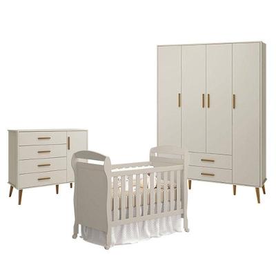 Quarto De Bebê 4 Portas Com Cômoda Com Porta Isis E Berço Americano Danny Areia Acetinado - Reller