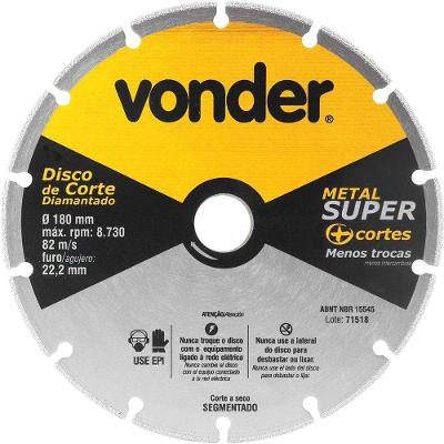 Disco De Corte Diamantado Vonder 180 Mm Segmentado Para Metais Inox Chapas Vergalhões 22,2 Mm A Seco