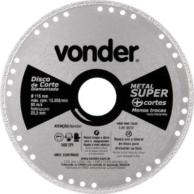Disco De Corte Diamantado Vonder 115 Mm 22,2 Mm Para Aço Carbono E Inox Corte A Seco