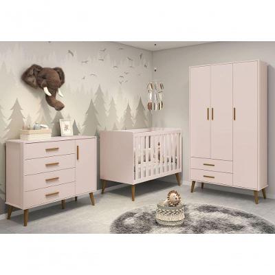 Jogo De Quarto Retrô Para Bebê Completo 3 Portas Isis Rosa Fosco - Moveisaqui