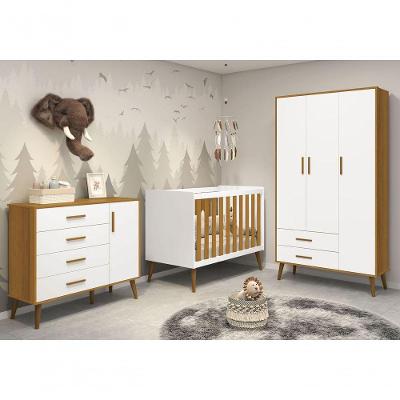 Jogo De Quarto Retrô Para Bebê Completo 3 Portas Isis Branco Fosco Com Savana Fosco - Moveisaqui