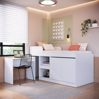 Cama De Solteiro Alta Com Escrivaninha E 2 Portas Para Colchão 188x78cm Multimóveis CR40149 Branco