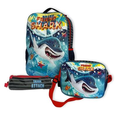 Kit Mochila Infantil Escolar Com 3 Peças Tubarão Vermelha